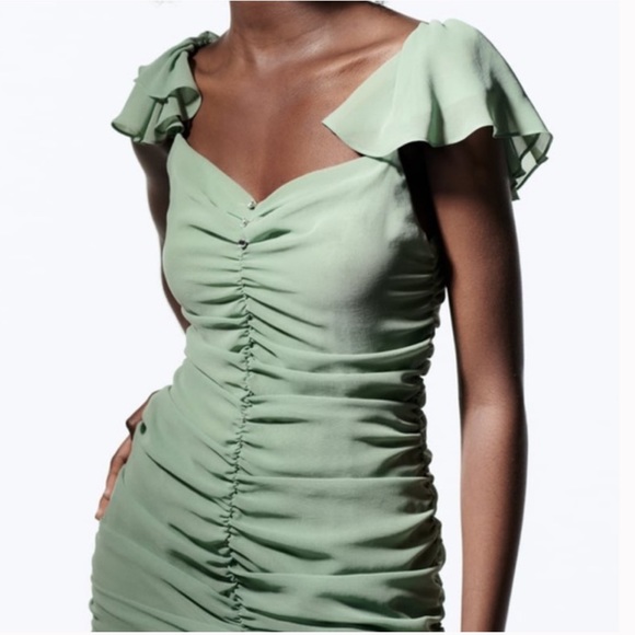 Zara Ruffled Ruched Flutter Off the Shoulder Mini Dress in Sage Light Green - Picture 13 of 15